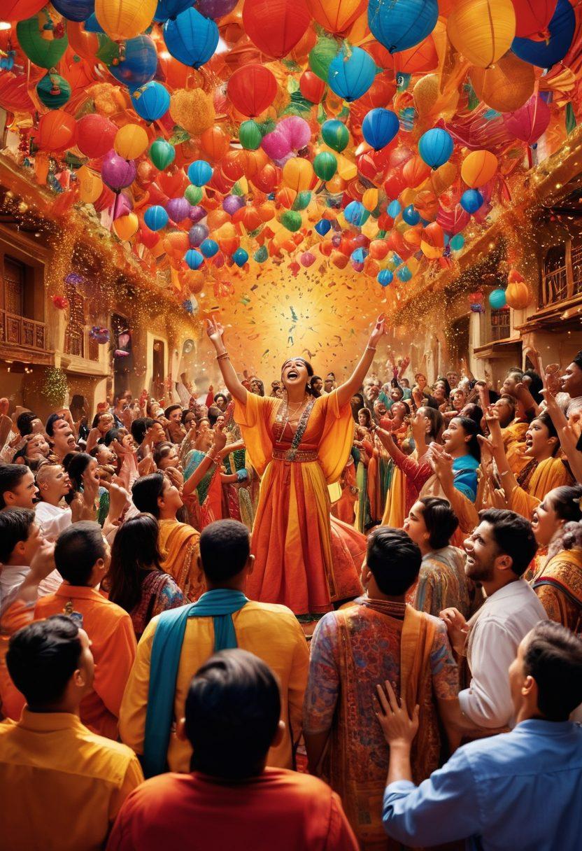 A vibrant collage of diverse celebrations, showcasing people singing joyfully in various cultural attire, surrounded by colorful musical notes and instruments. Each celebration area has unique decorations representing different themes, such as birthdays, weddings, and festivals, all tied together with a flowing ribbon of melody. The background radiates with warm, festive colors to evoke a sense of joy and togetherness. super-realistic. vibrant colors. festive atmosphere.