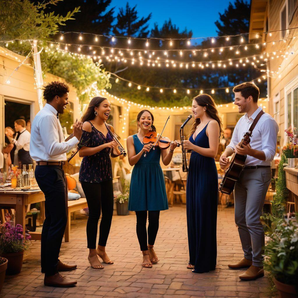 A lively gathering of diverse friends enjoying a musical extravaganza in a colorful outdoor setting. People of various ages are playing instruments, dancing, and laughing together, surrounded by vibrant decorations and twinkling fairy lights. The atmosphere is filled with joy, rhythm, and connection, emphasizing bonding through music. Capture this scene in a warm, inviting color palette. vibrant colors. super-realistic.