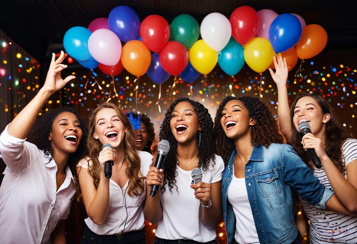 A lively scene of a diverse group of friends enjoying karaoke, with colorful lights reflecting off the walls and a microphone in the spotlight. The atmosphere is filled with joy, featuring balloons, confetti, and a banner reading 'Karaoke Night!' in vibrant colors. Emphasize happy faces, singing along, and a background that resembles a fun celebration space. Capture the excitement and energy of the moment. super-realistic. vibrant colors. festive atmosphere.